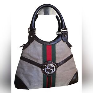 Gucci Beige And Brown Web Canvas Reins Small Shoulder Bag